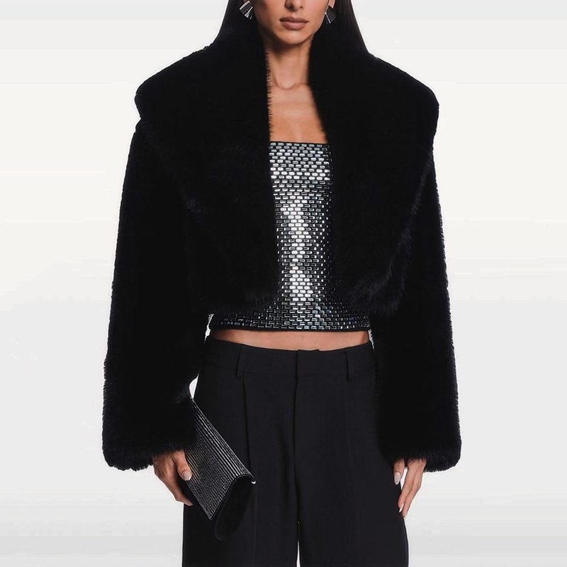 Cropped Faux Fur Jacket | Glamorous Evening Layer | Polyester Blend | Chic Winter Wear