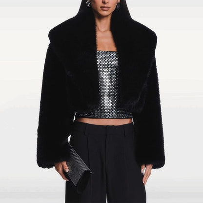 Cropped Faux Fur Jacket | Glamorous Evening Layer | Polyester Blend | Chic Winter Wear