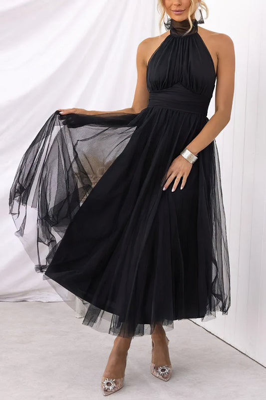Halter Neck Tulle Midi Dress | Layered A-Line with Sheer Tie Neck | Elegant Occasionwear