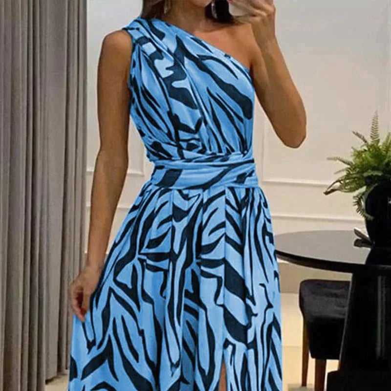 One-Shoulder Zebra Print Dress | Draped Waist Detail | Bold Monochrome Statement Look