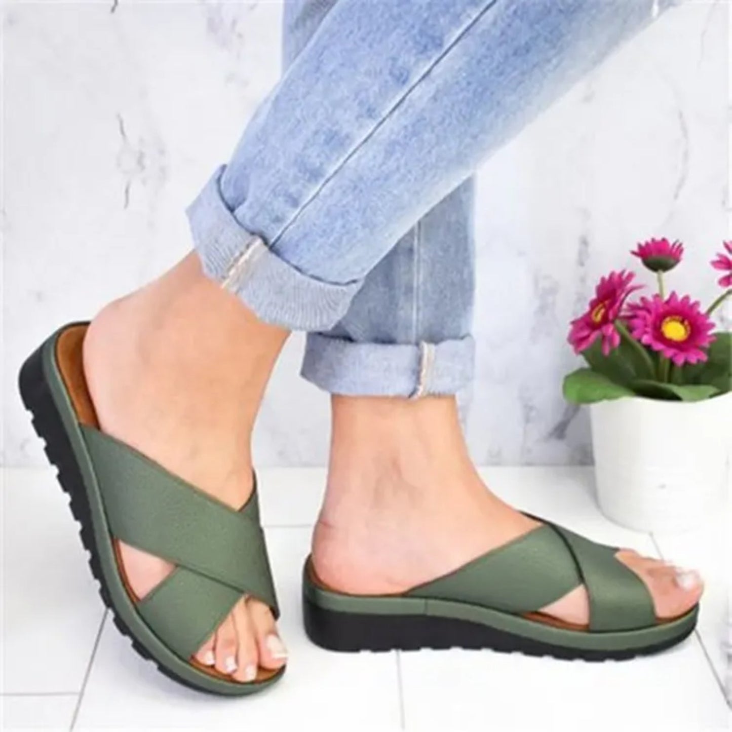 Women's Orthopaedic Slide Sandals | Cross-Strap Slip-On Design | Cushioned Sole with Arch Support