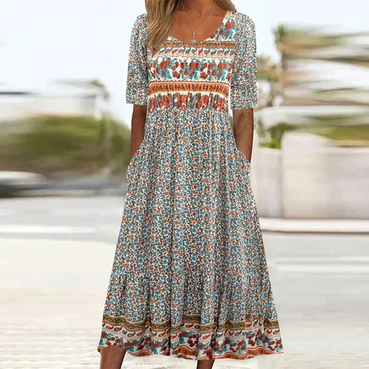Women's Boho Floral Midi Dress | Short Sleeve Smocked Waist | Casual Summer Travel Dress