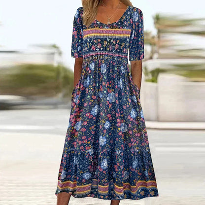 Women's Boho Floral Midi Dress | Short Sleeve Smocked Waist | Casual Summer Travel Dress