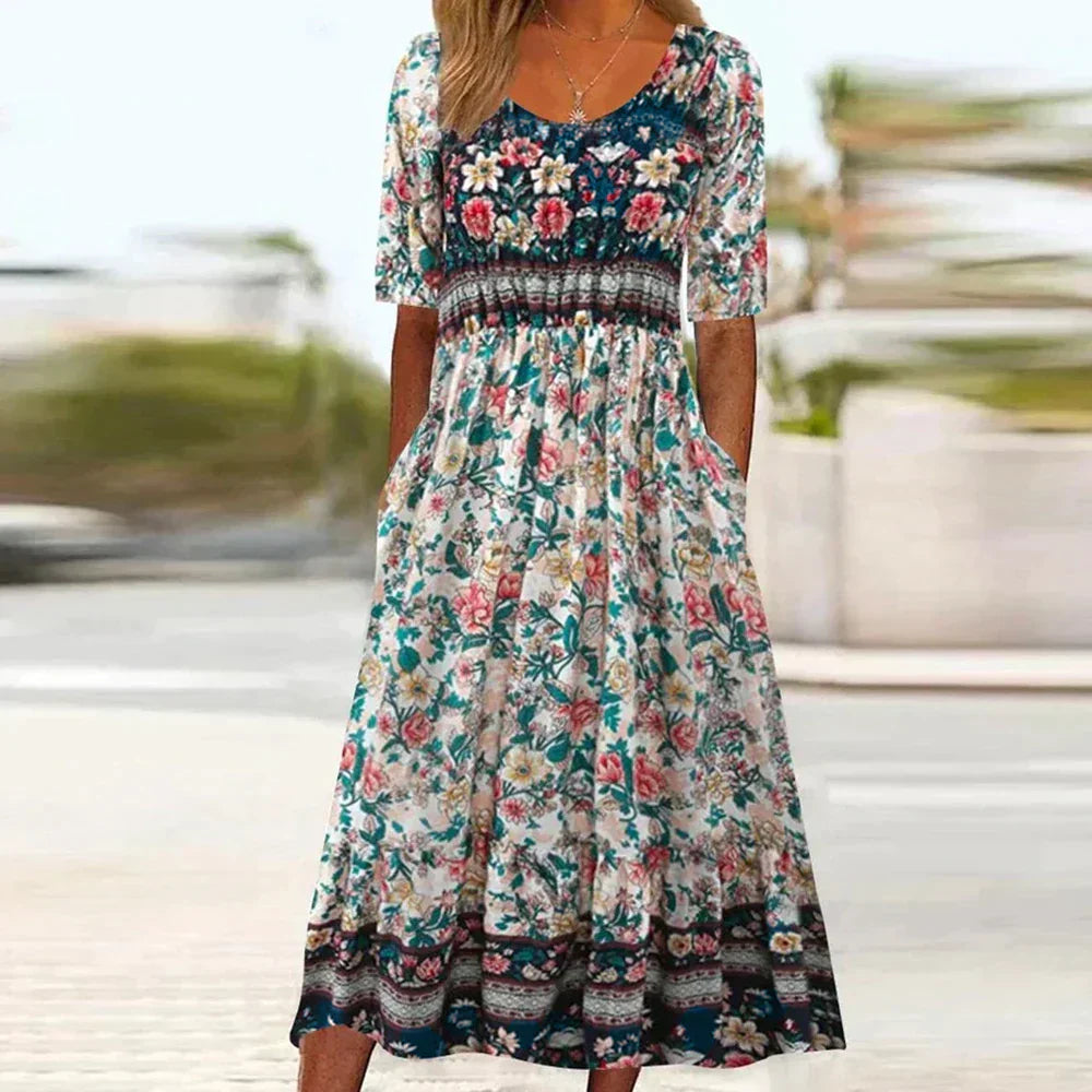 Women's Boho Floral Midi Dress | Short Sleeve Smocked Waist | Casual Summer Travel Dress