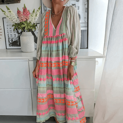 Boho Embroidered Midi Dress | Balloon Sleeve | Neon Tribal Accents