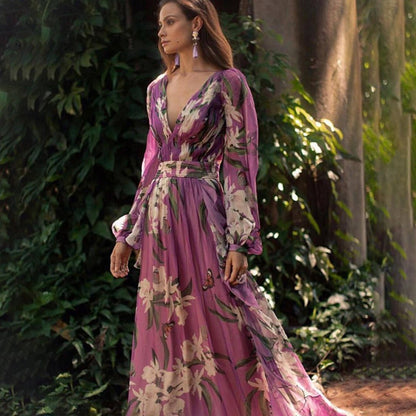 Floral Chiffon V-Neck Maxi Dress | Elegant Long Sleeve Occasionwear