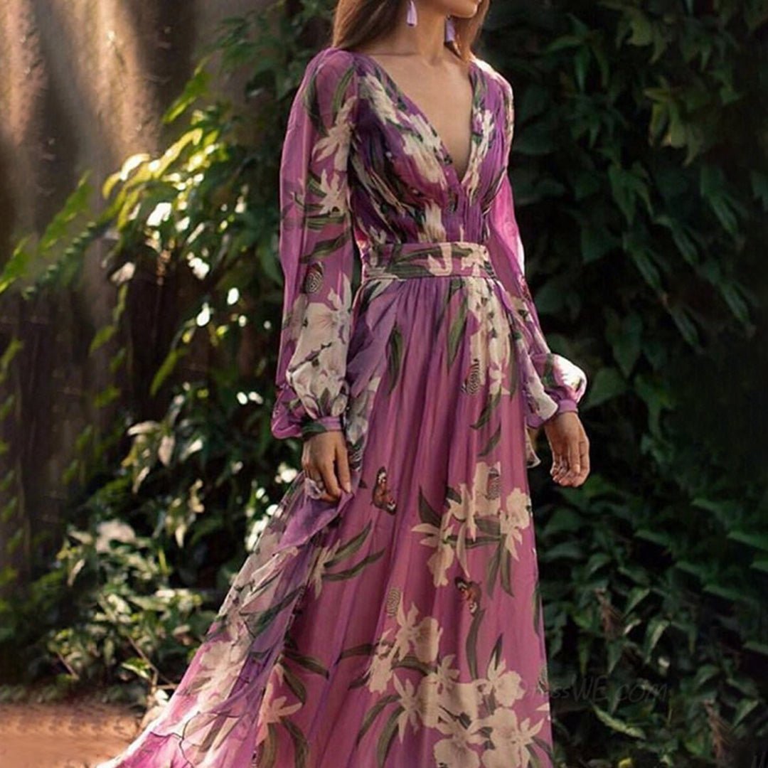 Floral Chiffon V-Neck Maxi Dress | Elegant Long Sleeve Occasionwear