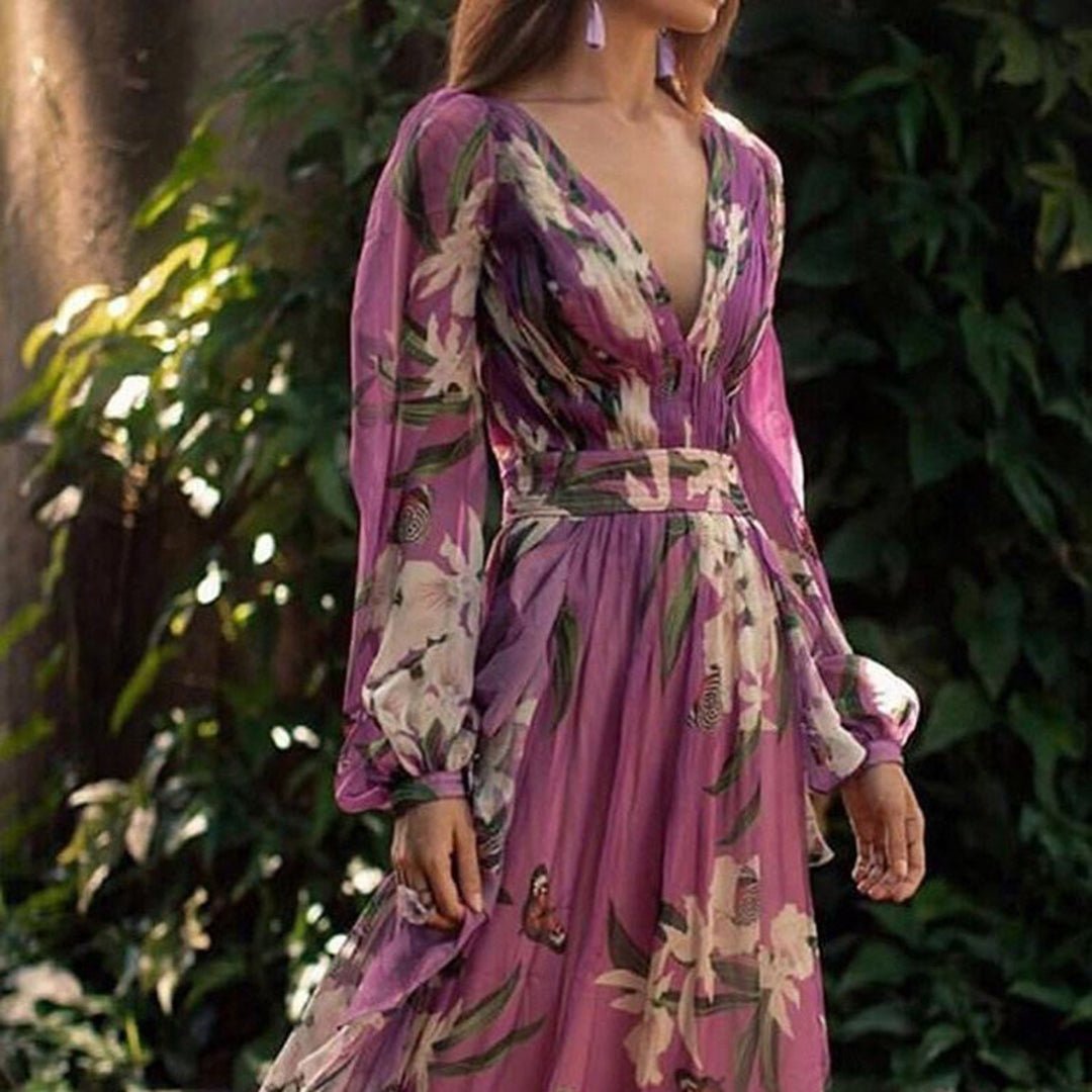 Floral Chiffon V-Neck Maxi Dress | Elegant Long Sleeve Occasionwear