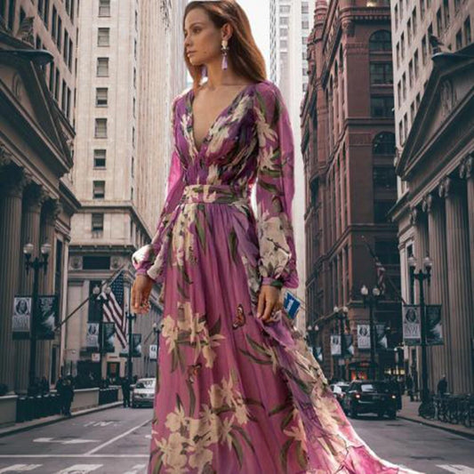 Floral Chiffon V-Neck Maxi Dress | Elegant Long Sleeve Occasionwear