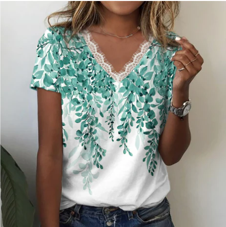 Lace V-Neck Floral Tee | Watercolour Wildflower Print | Casual Summer T-Shirt