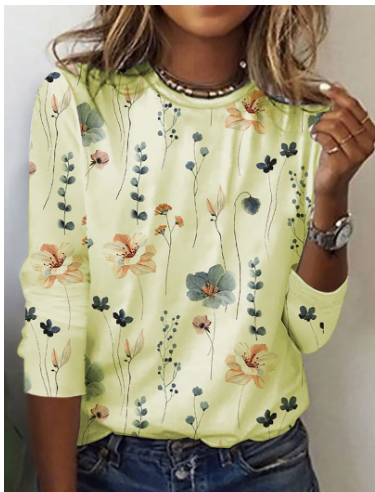 Floral Print Long Sleeve Top | Crew Neck Lightweight Knit | Casual Spring Style
