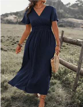 Flutter Sleeve Maxi Dress | Smocked Waist | Side Slit Boho Style