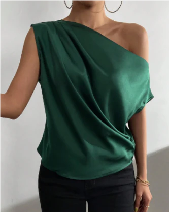 Asymmetrical One-Shoulder Blouse | Draped Satin Look | Elegant Sleeveless Top