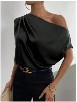 Asymmetrical One-Shoulder Blouse | Draped Satin Look | Elegant Sleeveless Top