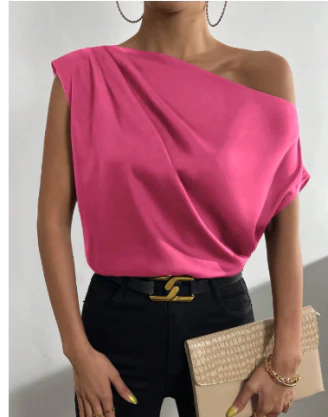 Asymmetrical One-Shoulder Blouse | Draped Satin Look | Elegant Sleeveless Top