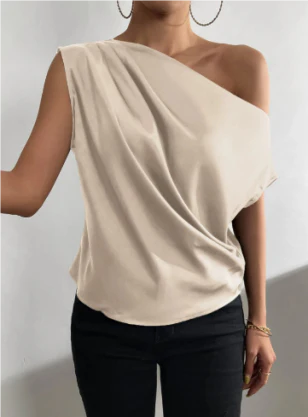 Asymmetrical One-Shoulder Blouse | Draped Satin Look | Elegant Sleeveless Top