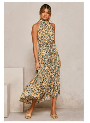 Halter Neck Floral Maxi Dress | Tiered Skirt | Sleeveless Design