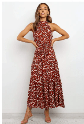 Halter Neck Floral Maxi Dress | Tiered Skirt | Sleeveless Design