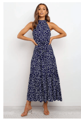 Halter Neck Floral Maxi Dress | Tiered Skirt | Sleeveless Design