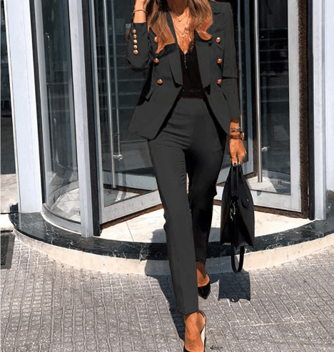 Tailored Blazer Suit Set | Double-Breasted Buttons | Slim Tapered Pants