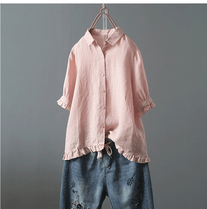 Button-Up Ruffle Hem Shirt | Linen Blend | Relaxed Fit Blouse
