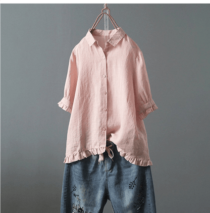 Button-Up Ruffle Hem Shirt | Linen Blend | Relaxed Fit Blouse