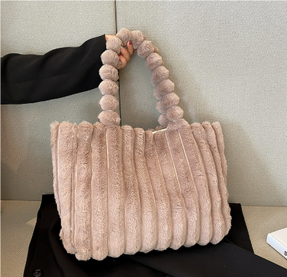 Plush Fur Tote Bag | Padded Bubble Handle | Soft Textured Winter Purse