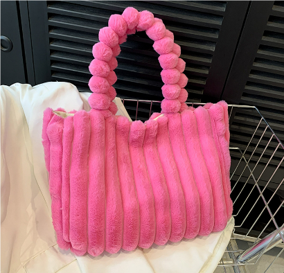 Plush Fur Tote Bag | Padded Bubble Handle | Soft Textured Winter Purse