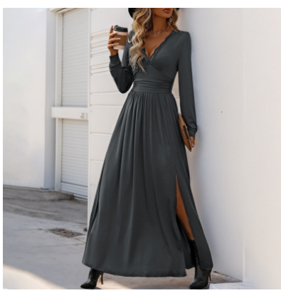 Women's Long Sleeve Maxi Dress | Deep V-Neck High-Slit Dress | Casual to Formal Fall Outfit