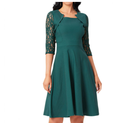 Women’s Fit-and-Flare Dress | Lace Sleeve Party Style | Elegant Stretch Knit
