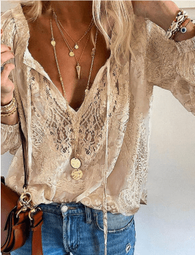 Lace Embroidered Peasant Blouse | Lightweight Cotton Blend | Boho-Inspired V-Neck