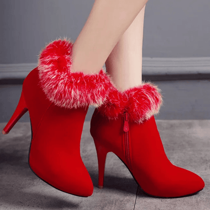 Faux Fur Trim Stiletto Ankle Boots | Elegant & Warm | Suede Finish | Winter Chic