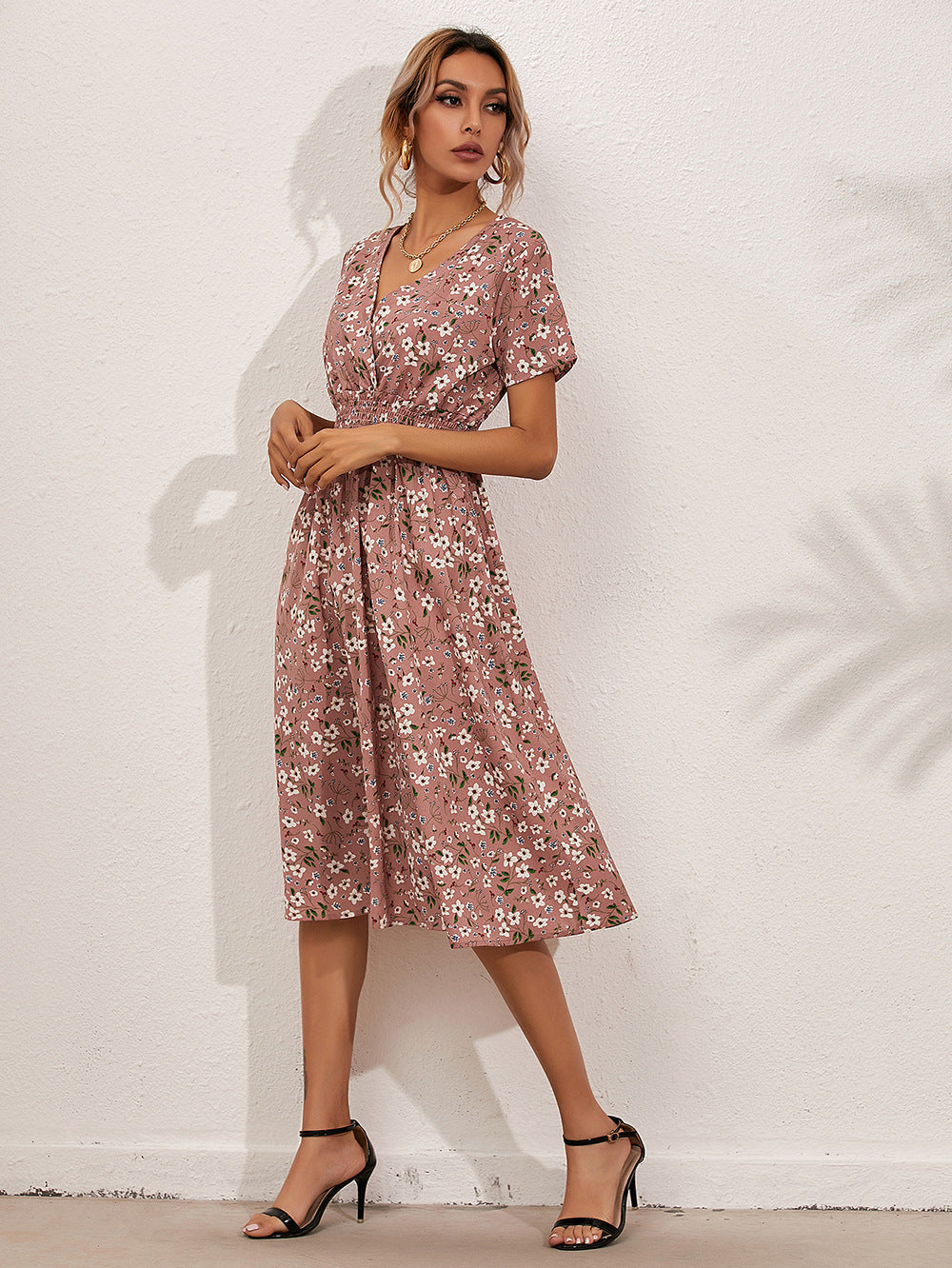 Floral V-Neck Midi Dress | Lightweight Summer Style | Cinched Waist