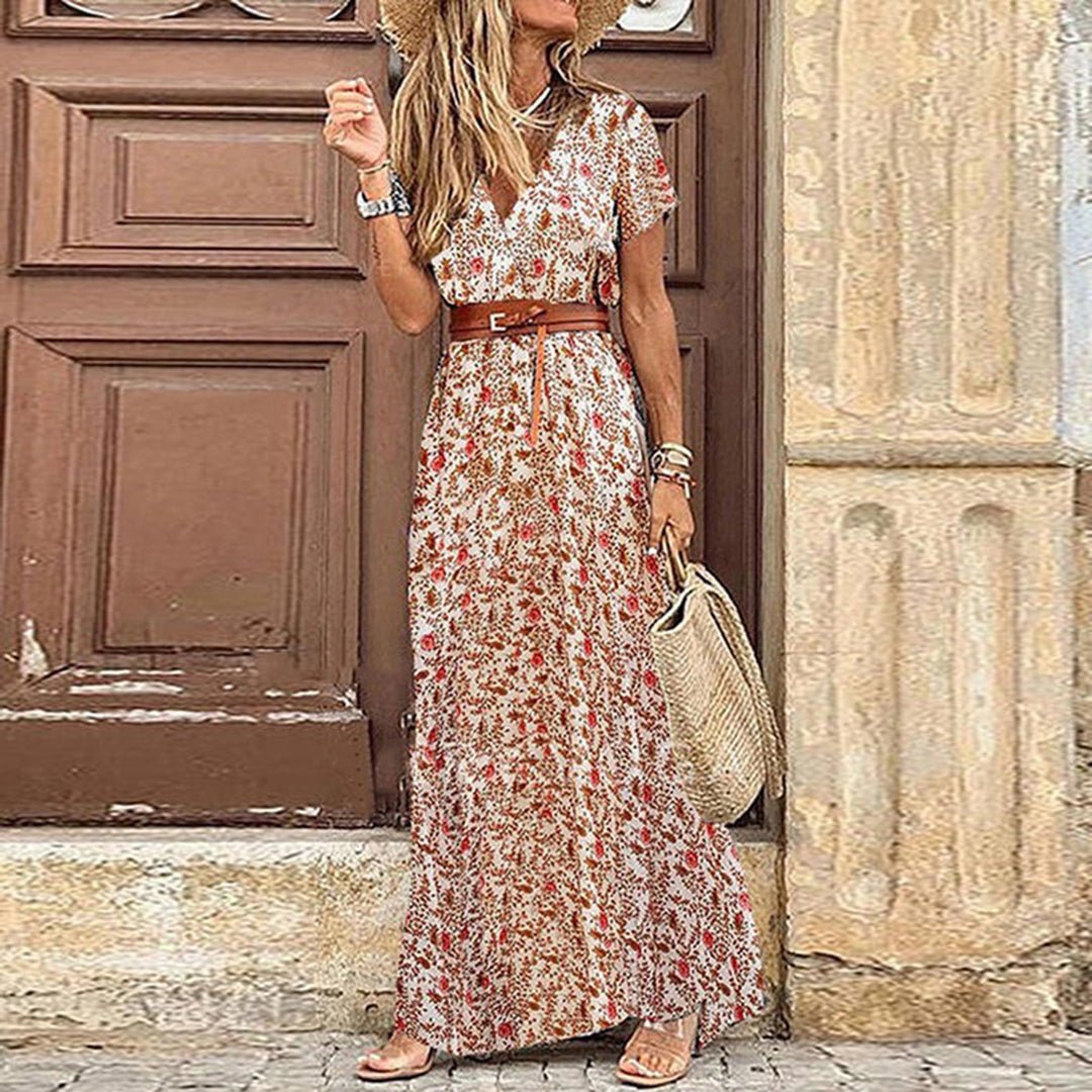 Bohemian Print Maxi Dress | Cap Sleeves | Side Slit Detail
