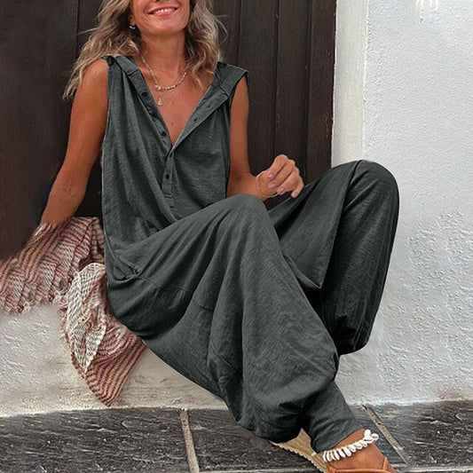 Sleeveless Drop-Crotch Jumpsuit | Relaxed Fit | Button-Front Lounge Style