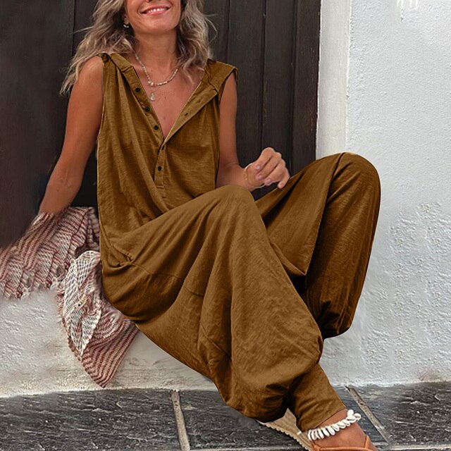 Sleeveless Drop-Crotch Jumpsuit | Relaxed Fit | Button-Front Lounge Style