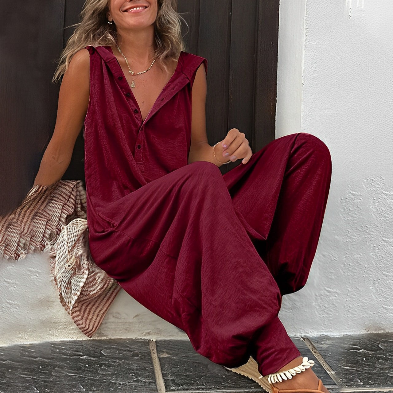 Sleeveless Drop-Crotch Jumpsuit | Relaxed Fit | Button-Front Lounge Style