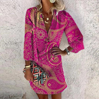 Women’s Paisley Print Mini Dress | V-Neck 3/4 Sleeve Tunic | Bold Summer Resortwear
