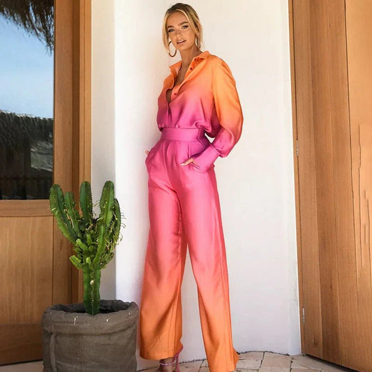 Women's Ombre Satin Pants Set | Wide-Leg Trousers with Button-Up Blouse | Gradient Co-ord for Dressy Looks