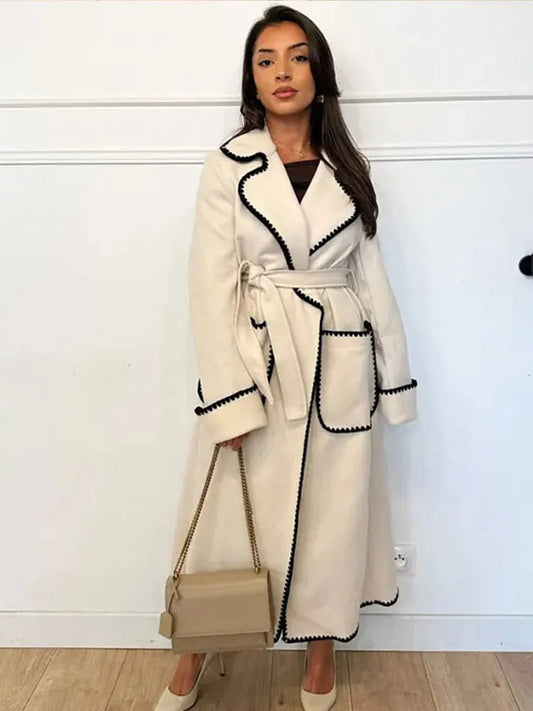 Elegant Longline Coat | Contrasting Trim | Belted Waist | Casual to Formal