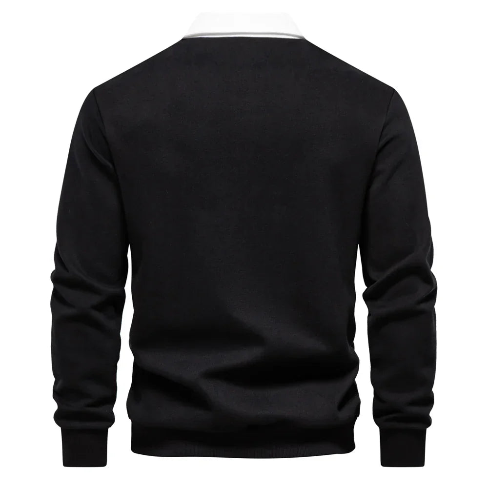 Men’s Long Sleeve Polo Sweatshirt | Ribbed Hem Rugby Style | Casual Smart-Collar Pullover