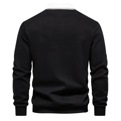 Men’s Long Sleeve Polo Sweatshirt | Ribbed Hem Rugby Style | Casual Smart-Collar Pullover