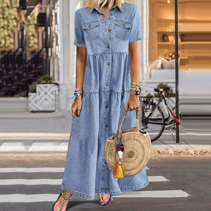 Denim Maxi Shirt Dress | Button-Up Front | Short Sleeve Utility Style