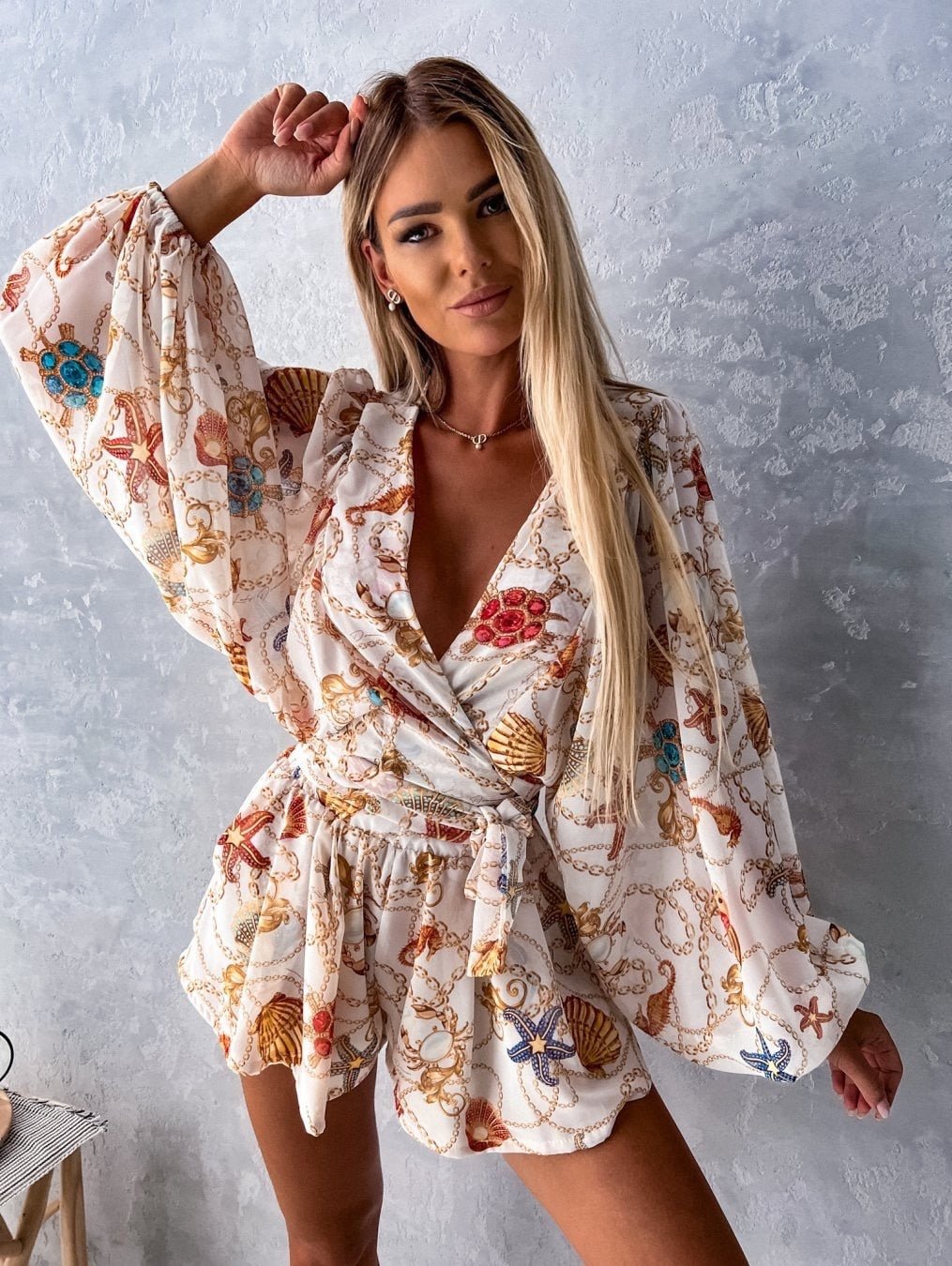 Tropical Print Romper | Wrap-Style Top | Elastic Waist Shorts