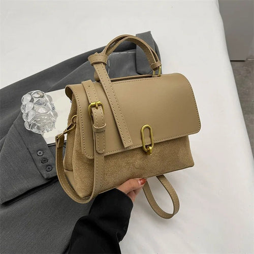 Flap Satchel Bag | PU Leather & Suede Mix | Crossbody & Top Handle