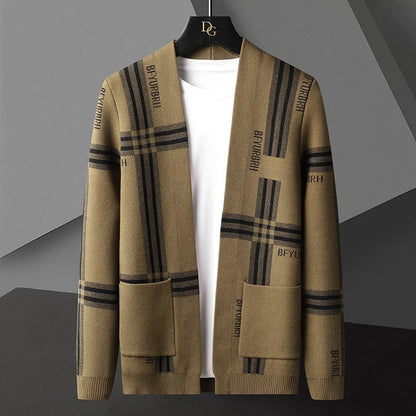 Open Front Knit Cardigan | Plaid Graphic Pattern with Relaxed Drape