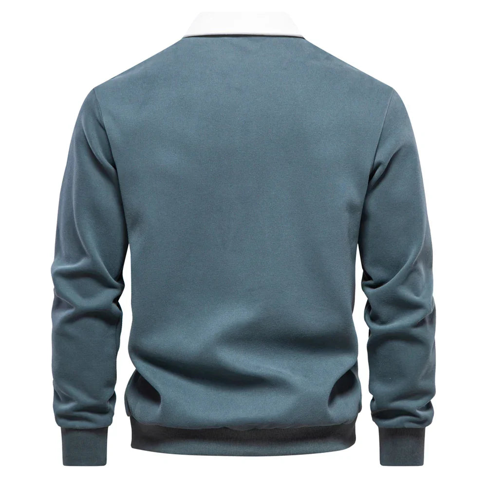 Men’s Long Sleeve Polo Sweatshirt | Ribbed Hem Rugby Style | Casual Smart-Collar Pullover