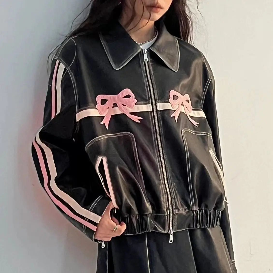 Faux Leather Bomber Jacket | Pink Bow Accents | Edgy Streetwear | Trendy Outerwear