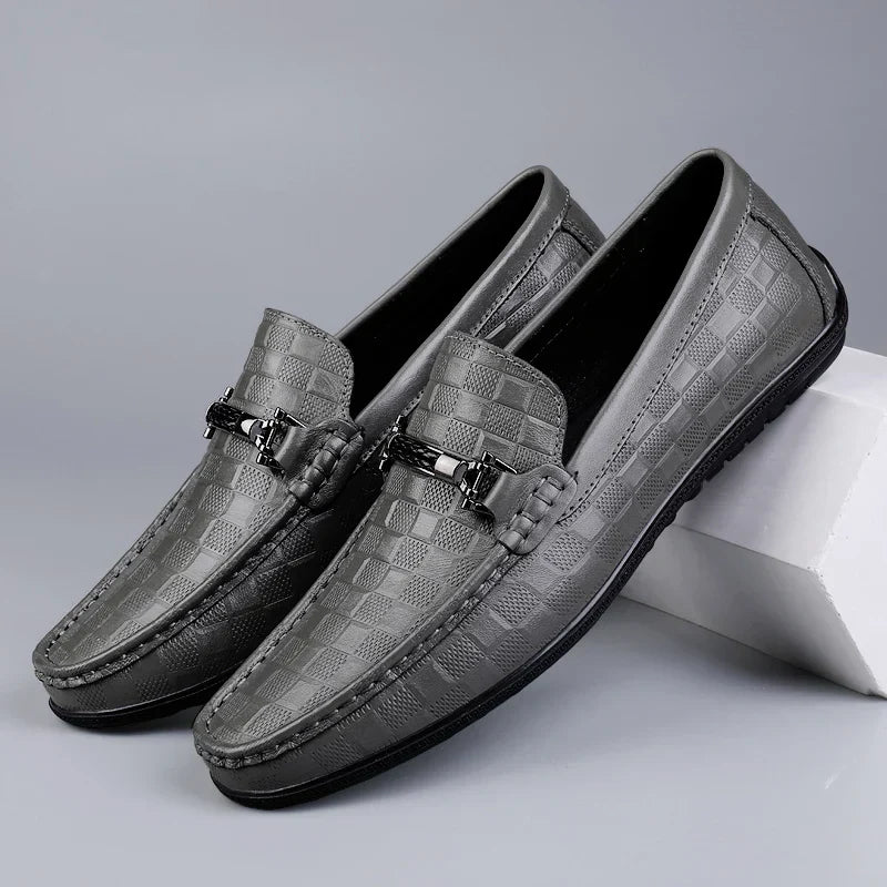 Embossed Leather Loafers | Slip-On Dress Shoes with Metal Accent