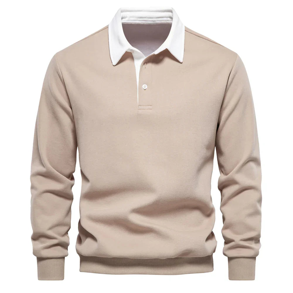 Men’s Long Sleeve Polo Sweatshirt | Ribbed Hem Rugby Style | Casual Smart-Collar Pullover